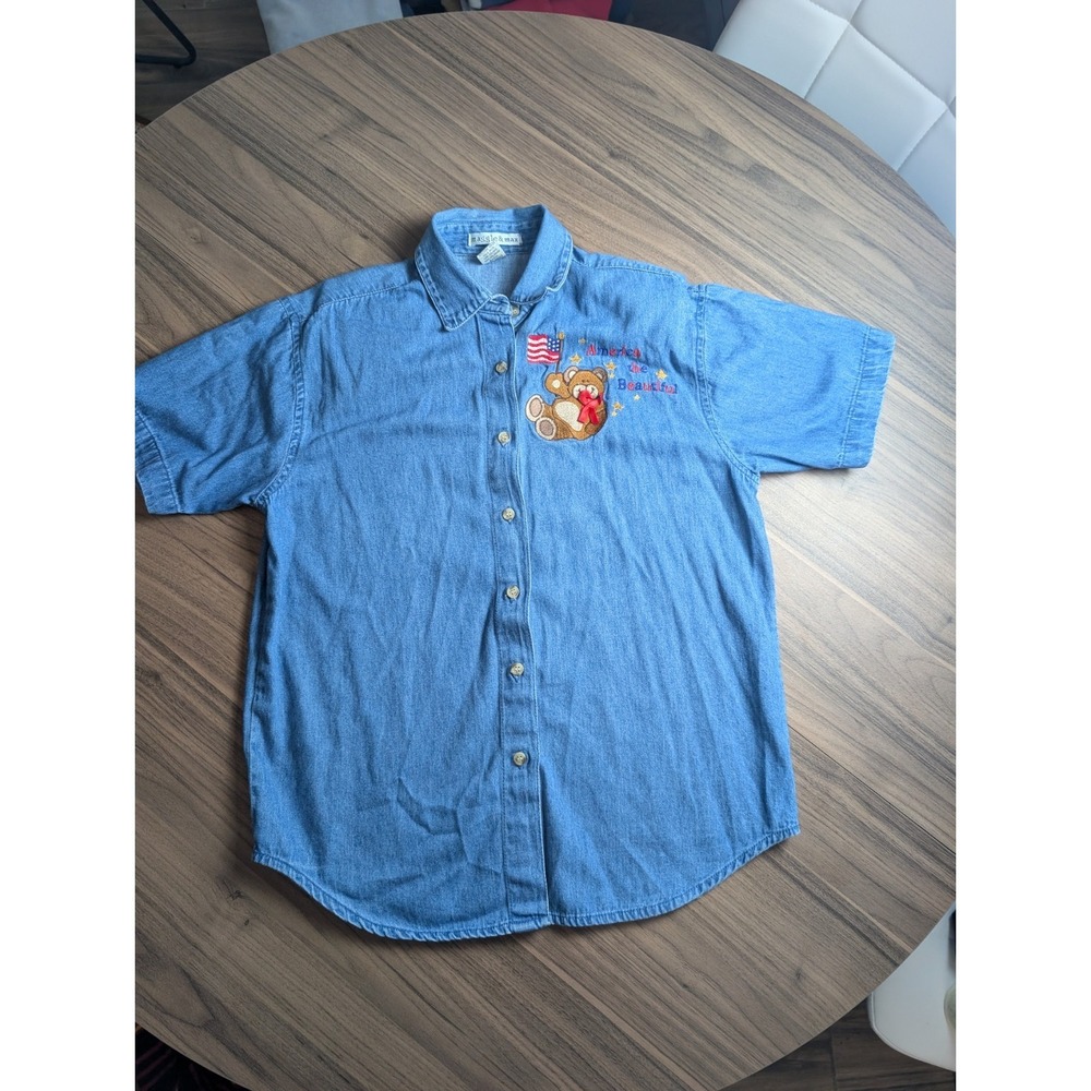 Vintage 90s Maggie & Max Denim Button Front Shirt Teddy Bear America The...